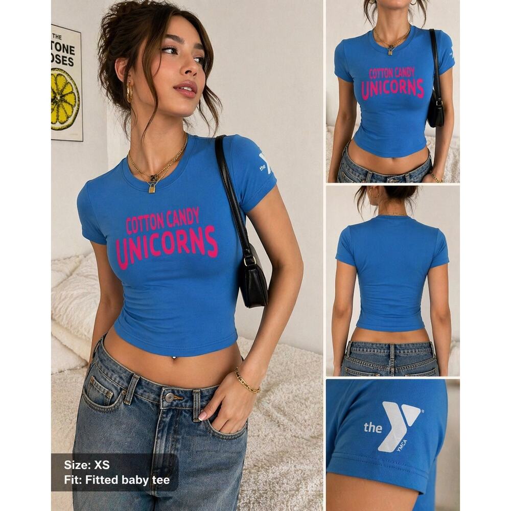 YMCA Cotton Candy Unicorns Baby Tee Blue Pink Graphic XS Y2K